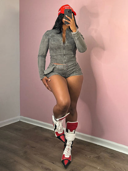 Denim Zip Up Top & Belt Shorts Set