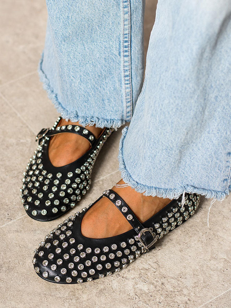 Rhinestone Leather Ballet Flats