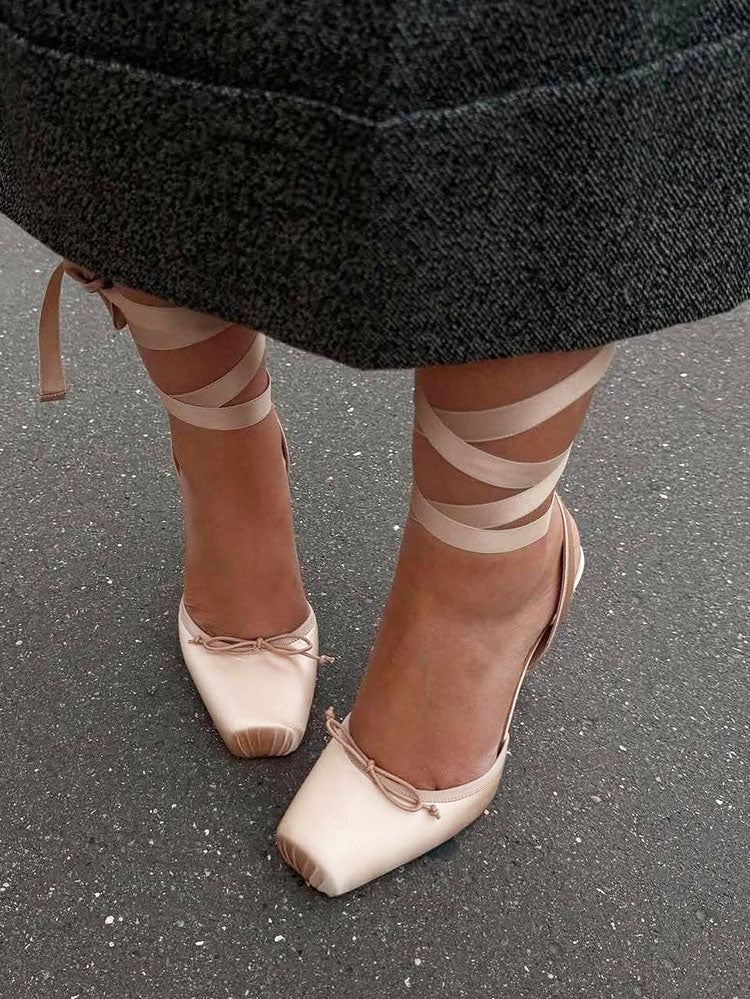 Ballet Satin Ankle Tie Pumps