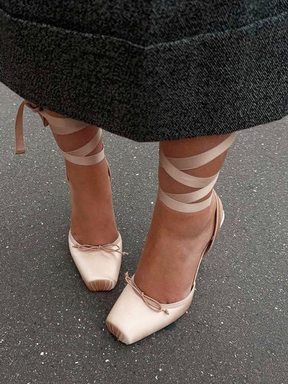 Ballet Satin Ankle Tie Pumps