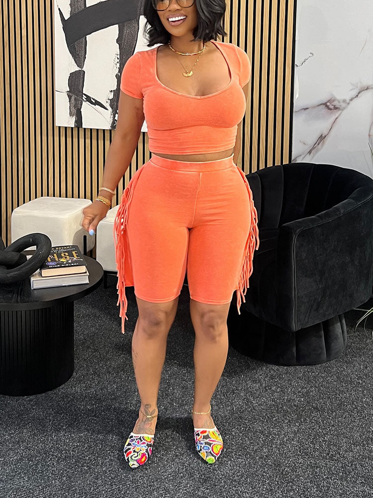 Mineral Washed Fringe Biker Shorts Set