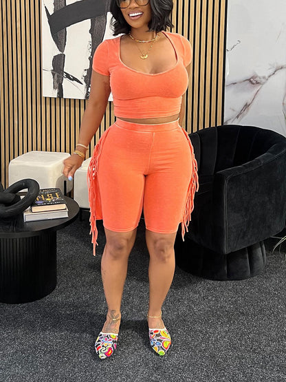 Mineral Washed Fringe Biker Shorts Set