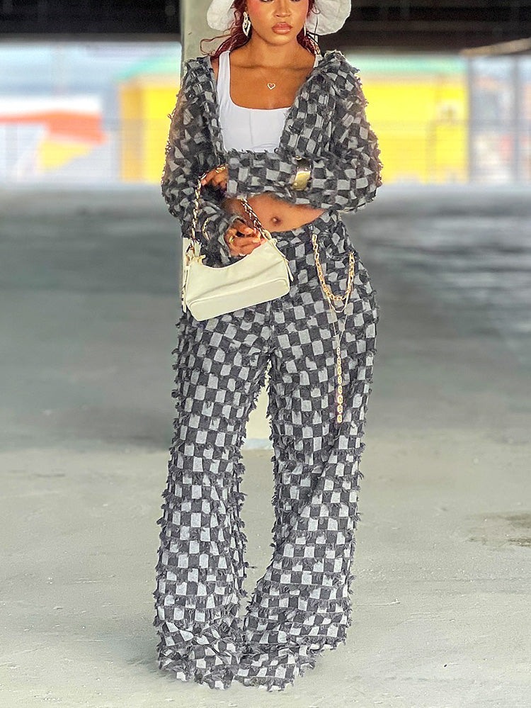 Classic Checkered Denim Jacket & Jeans Set