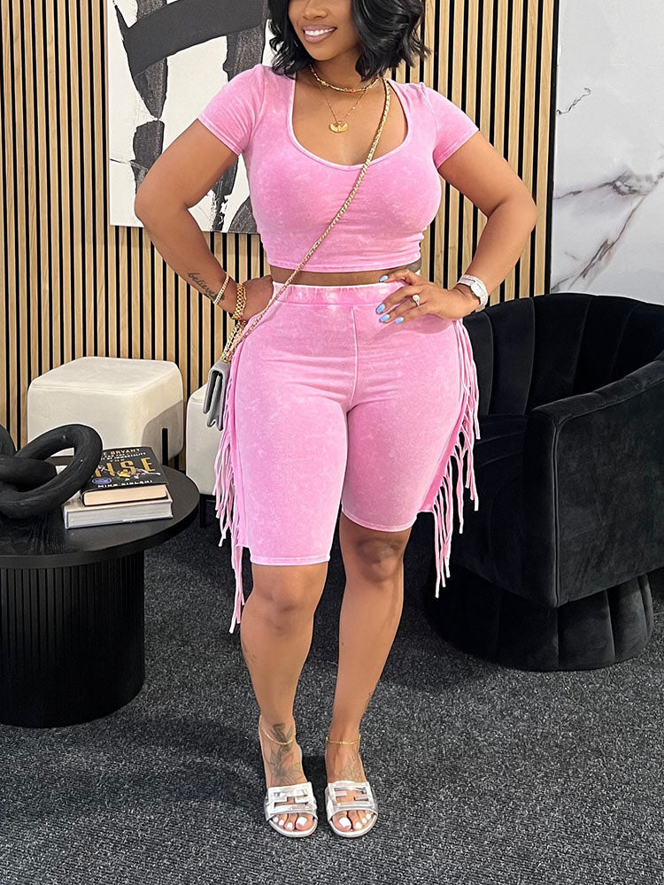 Mineral Washed Fringe Biker Shorts Set