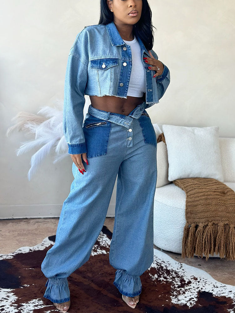 Contrast Cropped Jacket & Pant Set