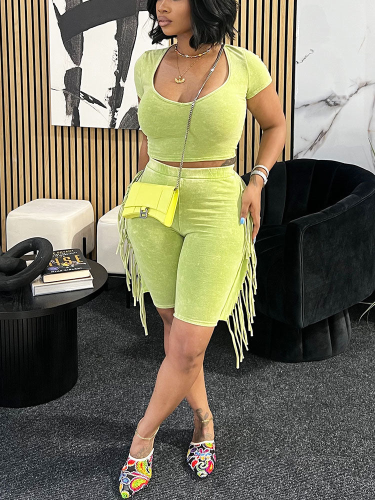 Mineral Washed Fringe Biker Shorts Set