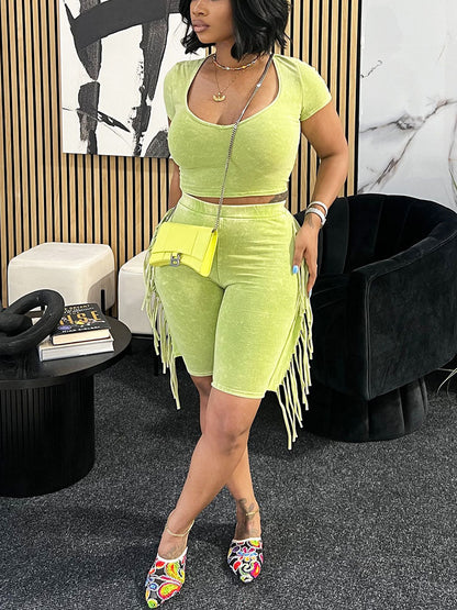 Mineral Washed Fringe Biker Shorts Set