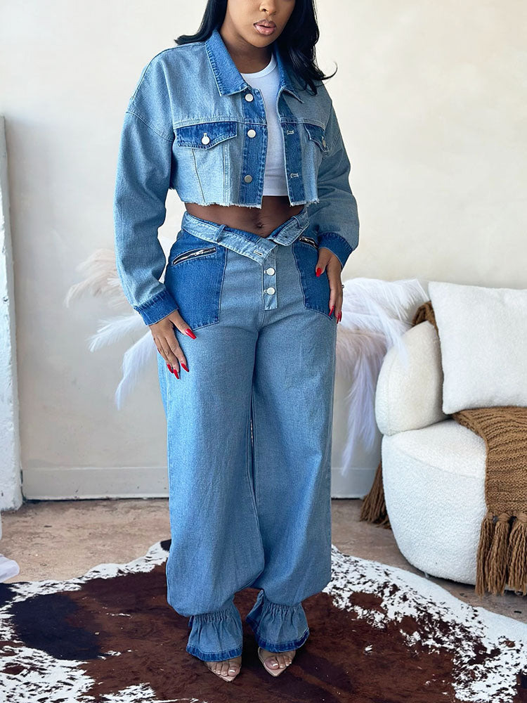 Contrast Cropped Jacket & Pant Set