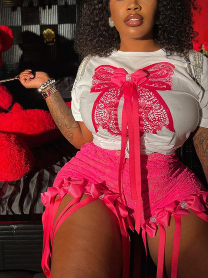 Bow Crop Top & Lace Shorts Set