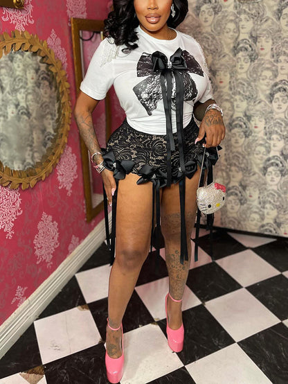Bow Crop Top & Lace Shorts Set