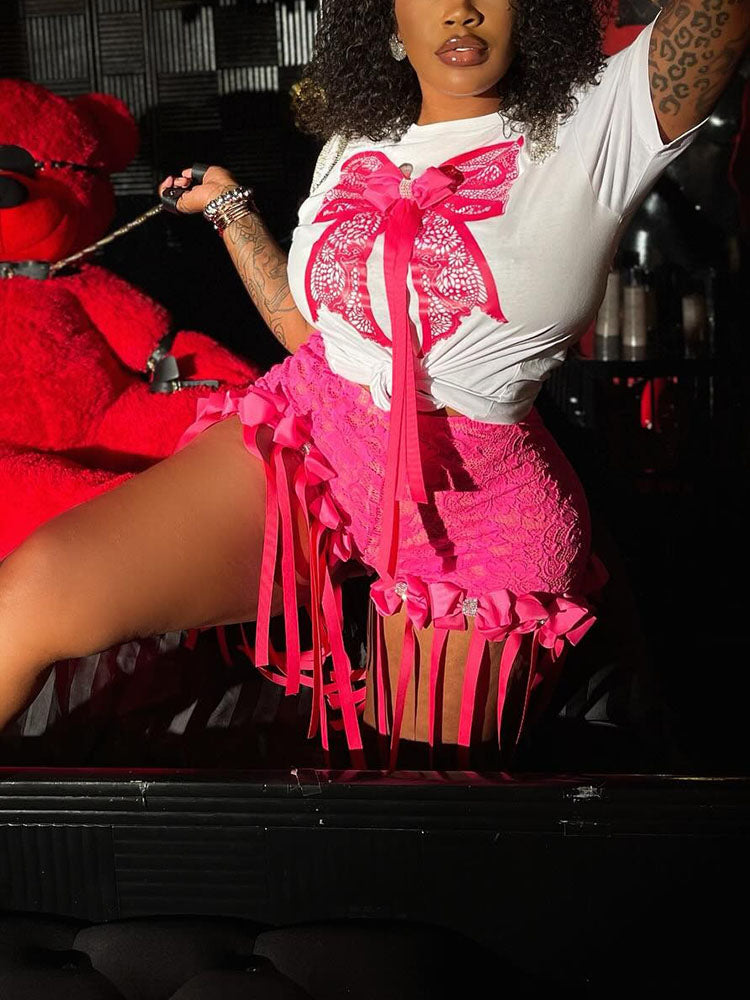 Bow Crop Top & Lace Shorts Set