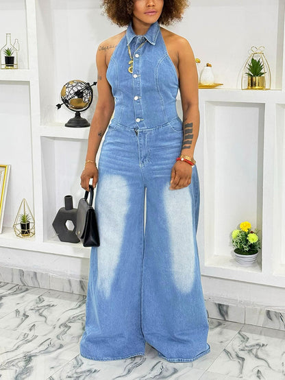 Denim Halter Wide-Leg Jumpsuit