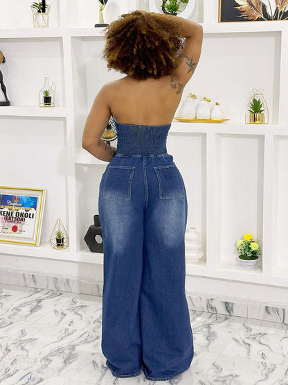 Denim Halter Wide-Leg Jumpsuit