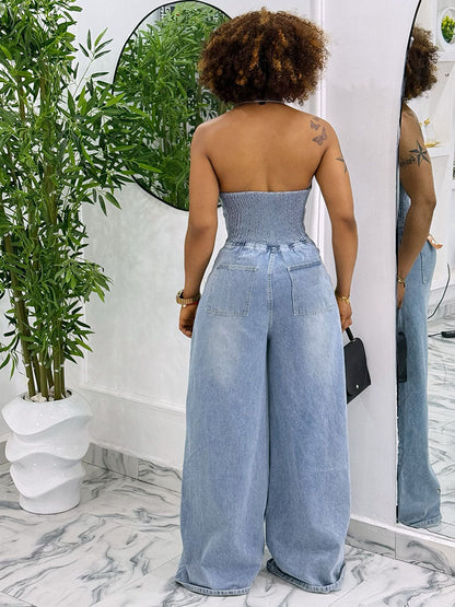 Denim Halter Wide-Leg Jumpsuit