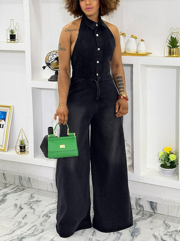 Denim Halter Wide-Leg Jumpsuit