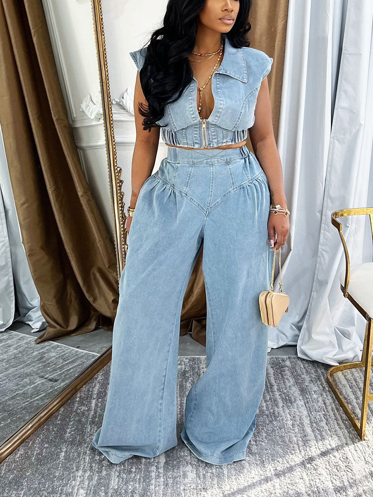 Denim Zip-Up Top & Wide Pants Set