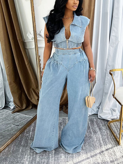 Denim Zip-Up Top & Wide Pants Set