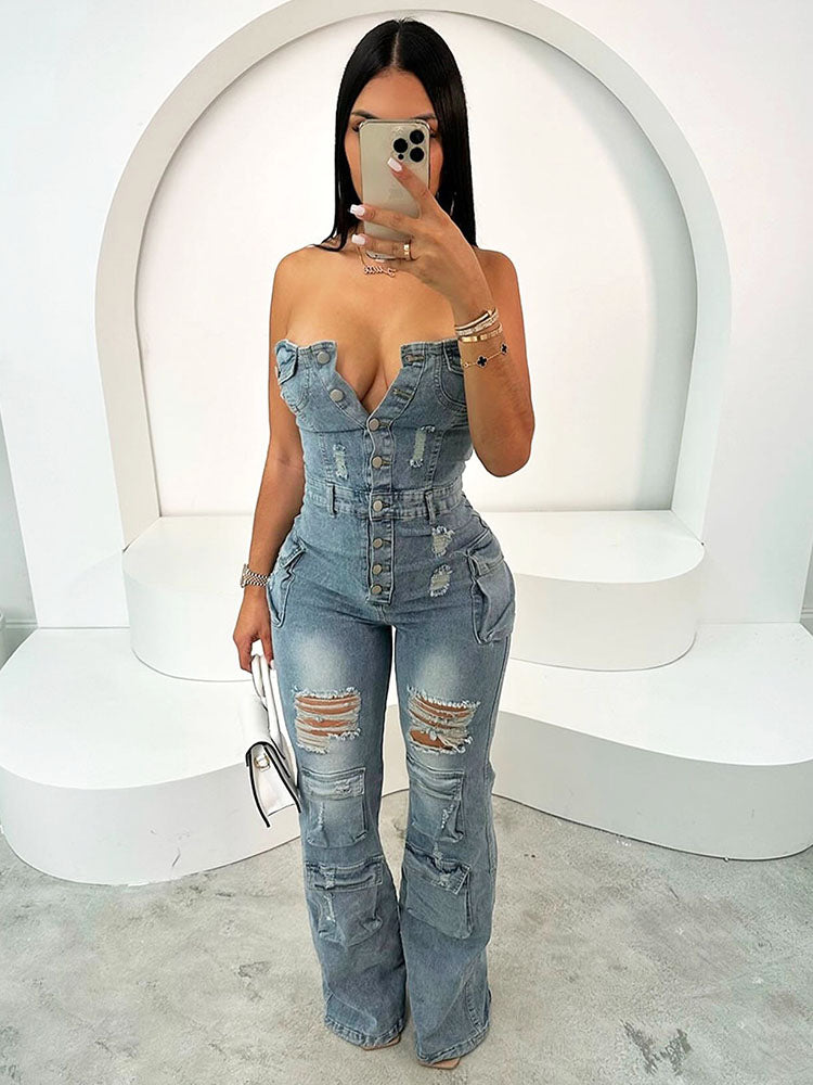 Strapless Cargo Denim Jumpsuit