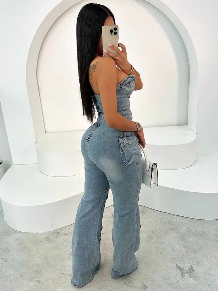 Strapless Cargo Denim Jumpsuit