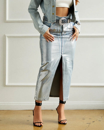 Silver Brushed Denim Maxi Skirt（Pre Sale）