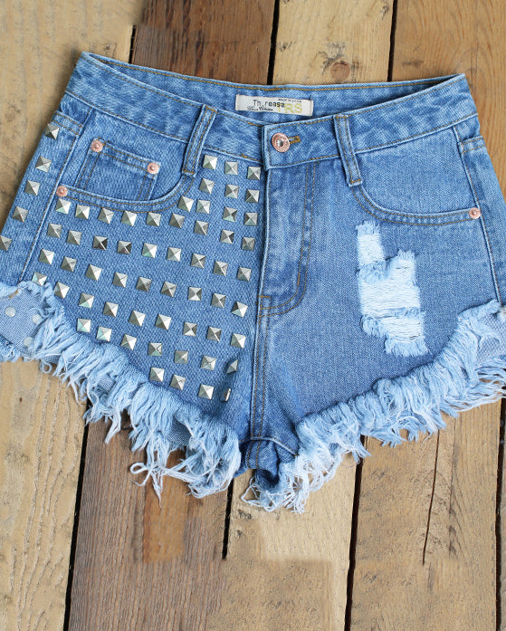 Distressed Rivets Irregular Whiskered Denim High-Waisted Shorts