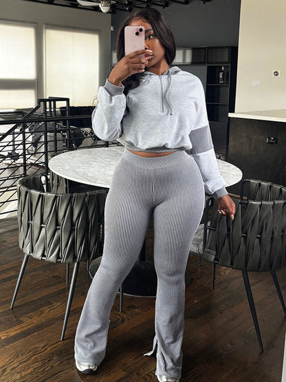 Textured Hooded Top & Flared Pants Set