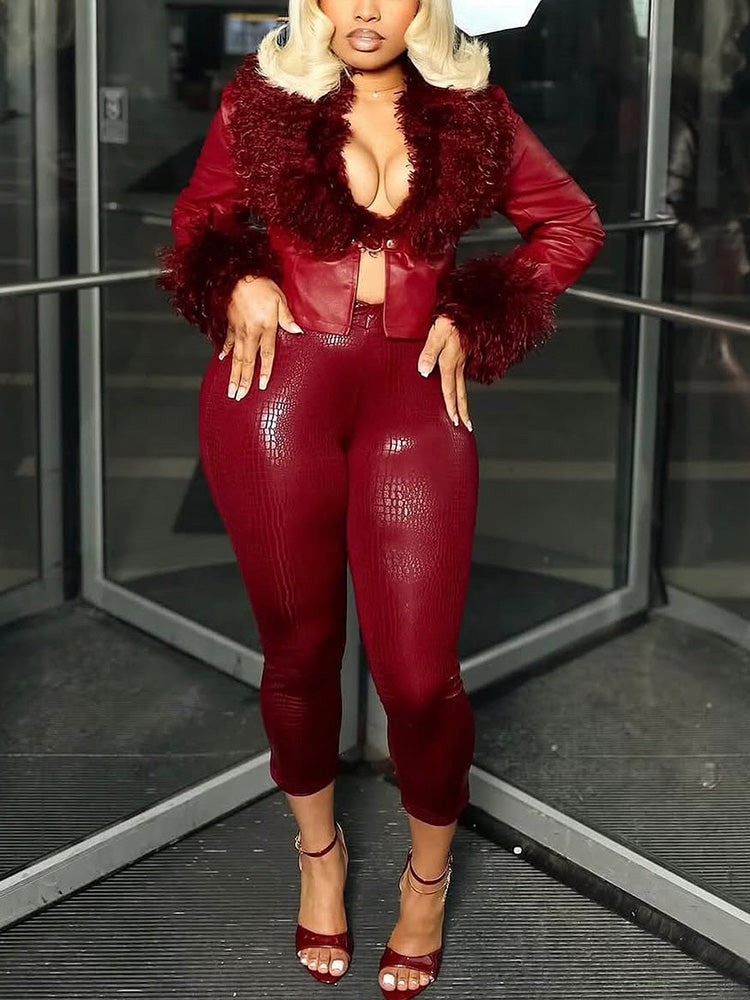 Faux Fur Trim Leather Jacket & Croc-Embossed Pants