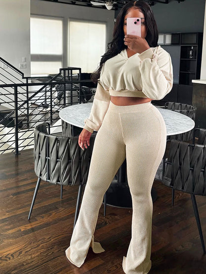 Textured Hooded Top & Flared Pants Set