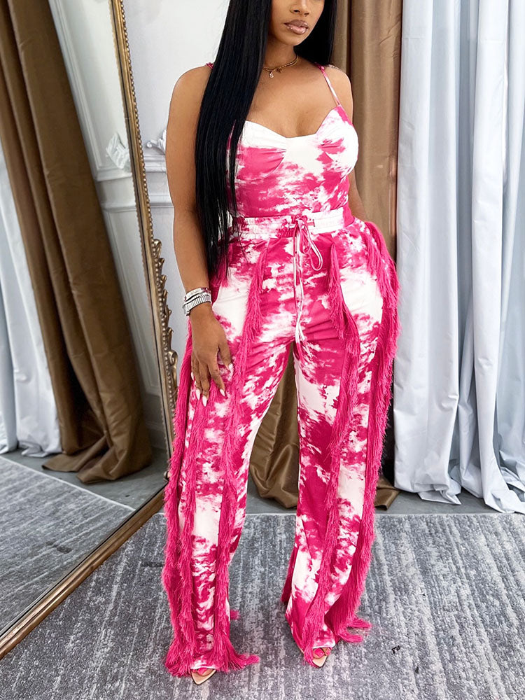 Tie Dye Bodysuit & Fringe Pants Set