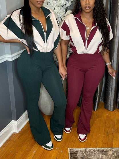 Contrast Zip-Front Flared Jumpsuit