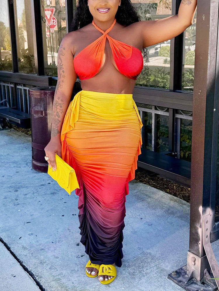 Sunset Ombre Ruched Skirt Set