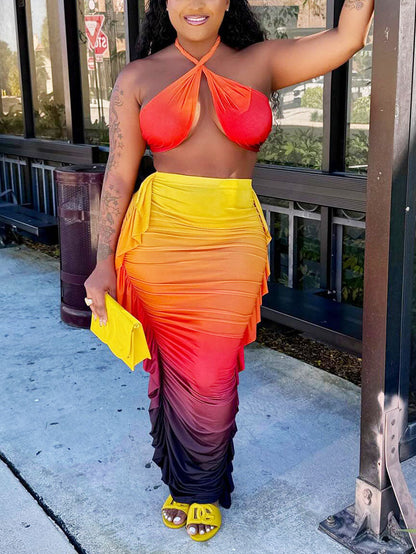 Sunset Ombre Ruched Skirt Set