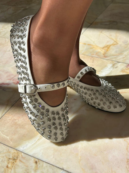 Rhinestone Leather Ballet Flats