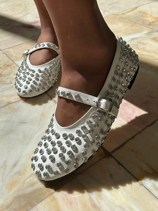 Rhinestone Leather Ballet Flats