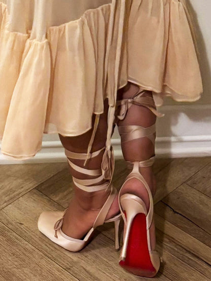 Ballet Satin Ankle Tie Pumps