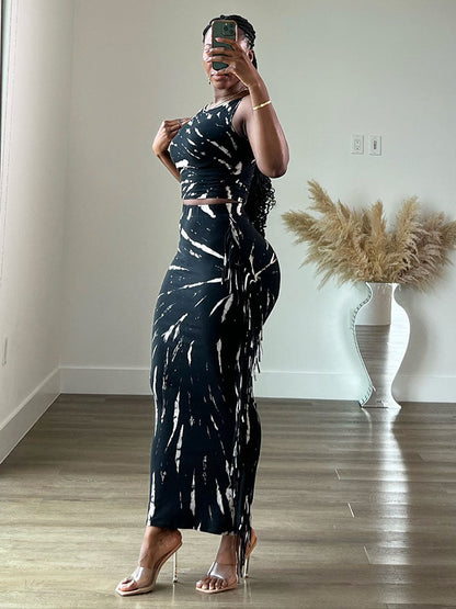 Tie Dye Crop Top & Fringe Skirt Set