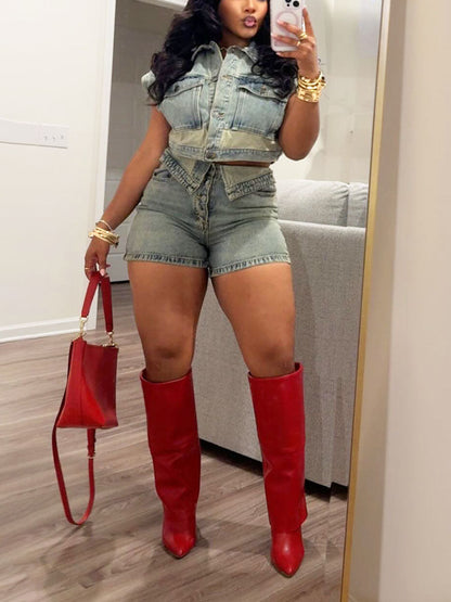 Washed Denim Button Top & Shorts Set