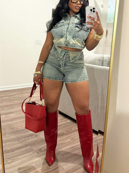 Washed Denim Button Top & Shorts Set