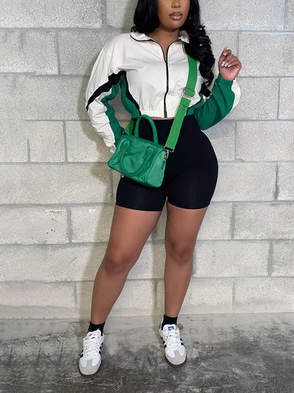 Colorblock Zip-Up Jacket & Biker Shorts Set