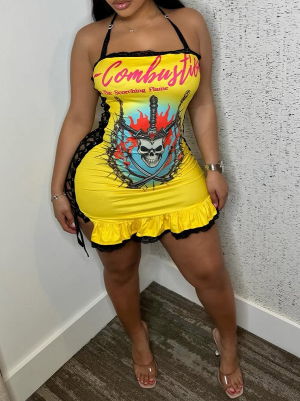 Printed Lace-Up Halter Dress