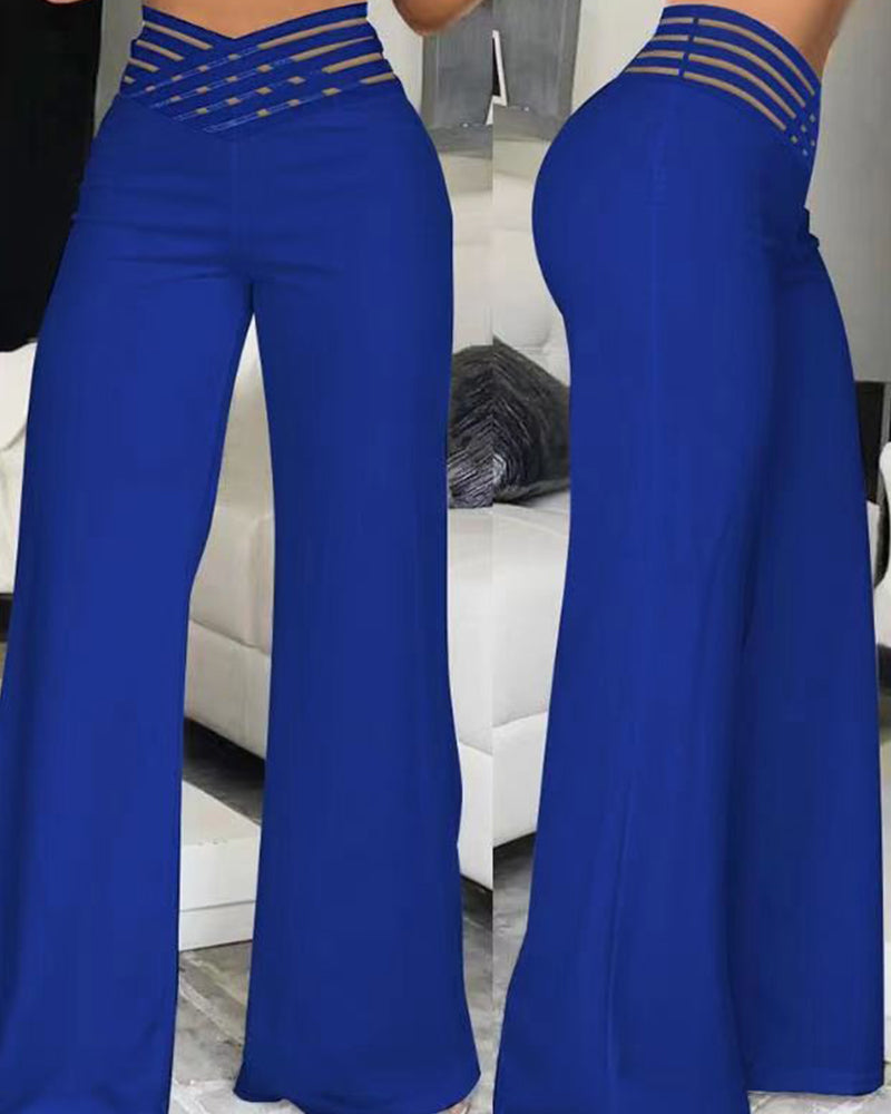 Cut-Out Belt High-Waisted Casual Wide-Leg Pants