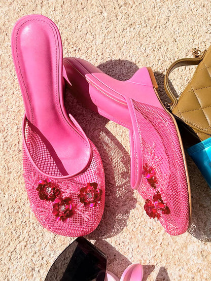 Floral Embroidered Mesh Wedge
