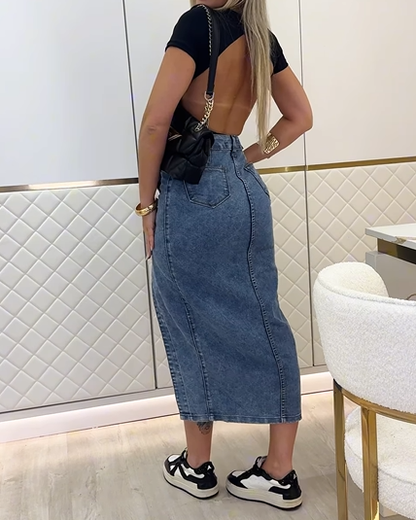 Irregular Slit High Waist Denim Skirt