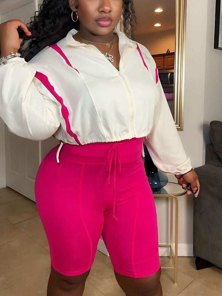 Contrast Crop Jacket & Biker Shorts Set