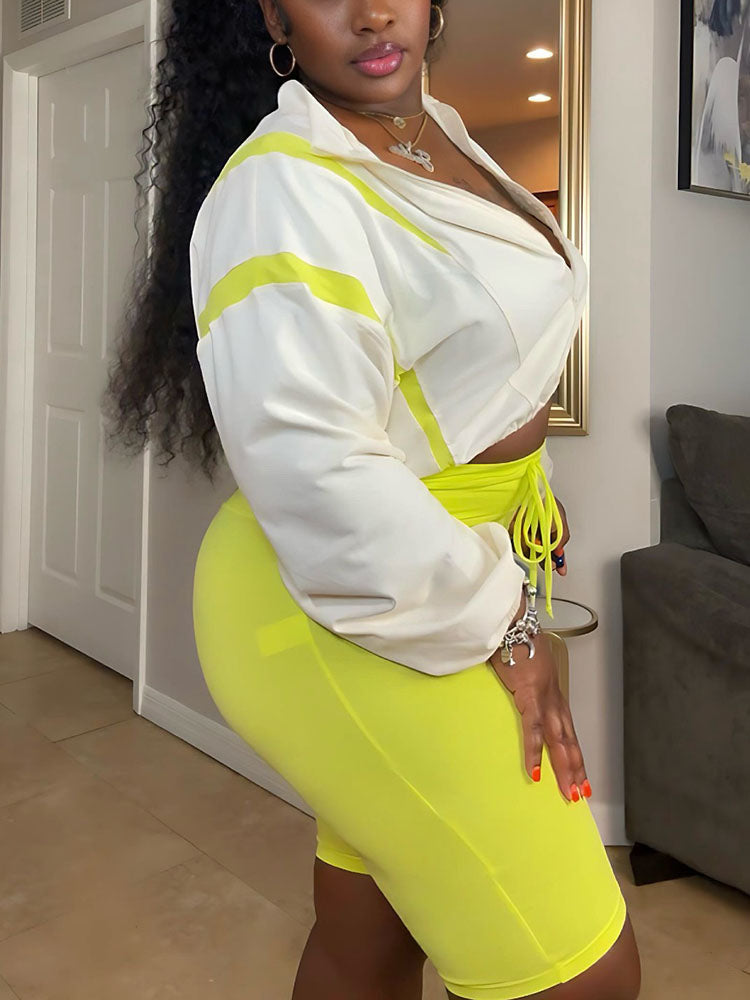 Contrast Crop Jacket & Biker Shorts Set