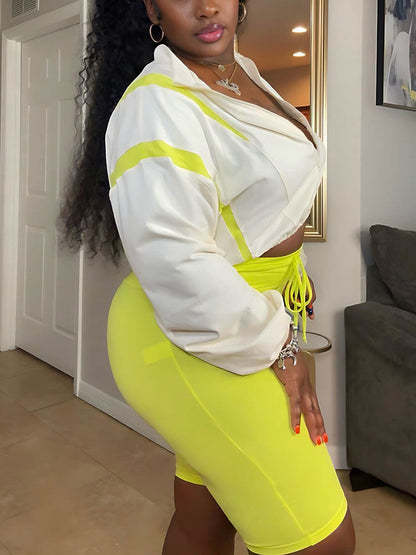 Contrast Crop Jacket & Biker Shorts Set