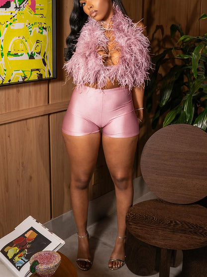 Feather-Trimmed Top & Satin Shorts Set