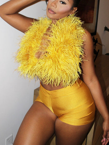 Feather-Trimmed Top & Satin Shorts Set