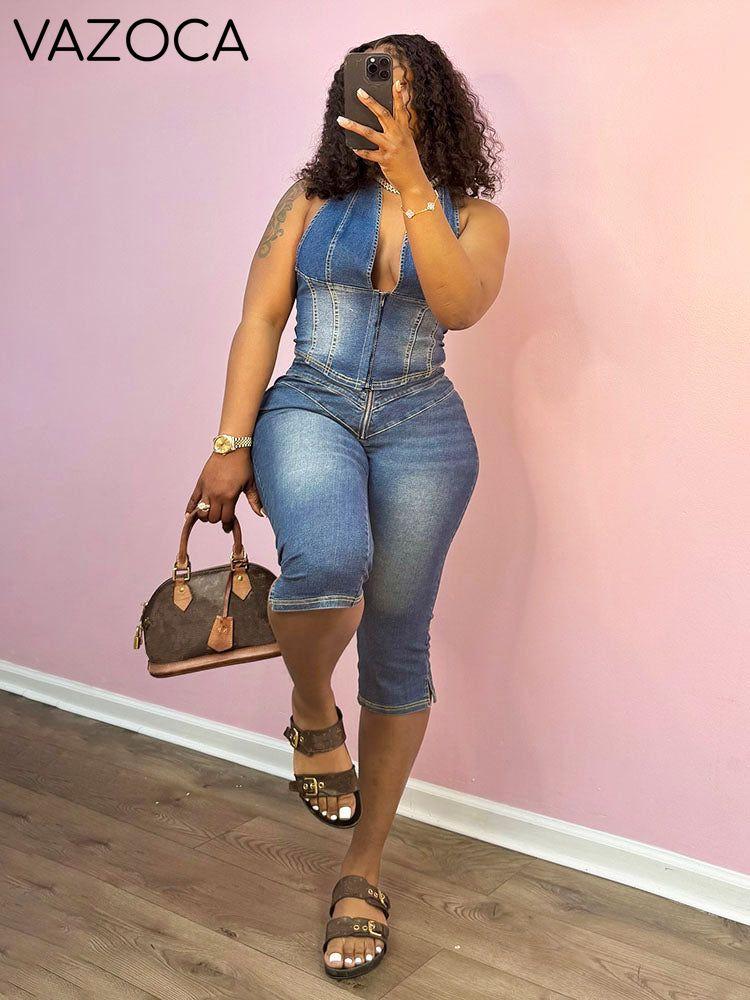 Denim Halter Crop Top & Capri Set