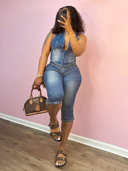 Denim Halter Crop Top & Capri Set